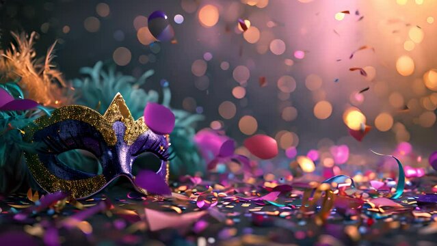 A colorful mask is on a table with a lot of confetti