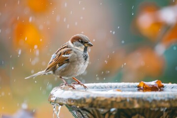 Ennepetal Germany 11 November 2023 Sparrow on edge of wet bird bath