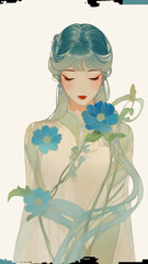青色の服の女　AI画像　ジェネレーティブAI