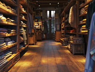 Fototapeta premium Fashion Store InteriorCrumpled Clothing on Shelves - Modern Boutique Display Concept