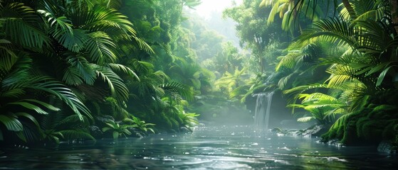 Tropical rainforest with dense canopy and flowing river