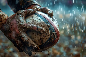 A close-up  of a player's muddy hands gripping a rugby ball, with rain splashing around, capturing the intense and gritty nature of the sport