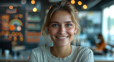 Obraz premium A smiling clients, woman, performance graphs, and AI tools in action within various modern office settings. Background features a mix of professional environments and positive outcome. Generative AI.