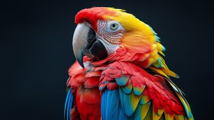  A close-up of a vibrant parrot against a black backdrop, featuring hues of red, yellow, green, and blue