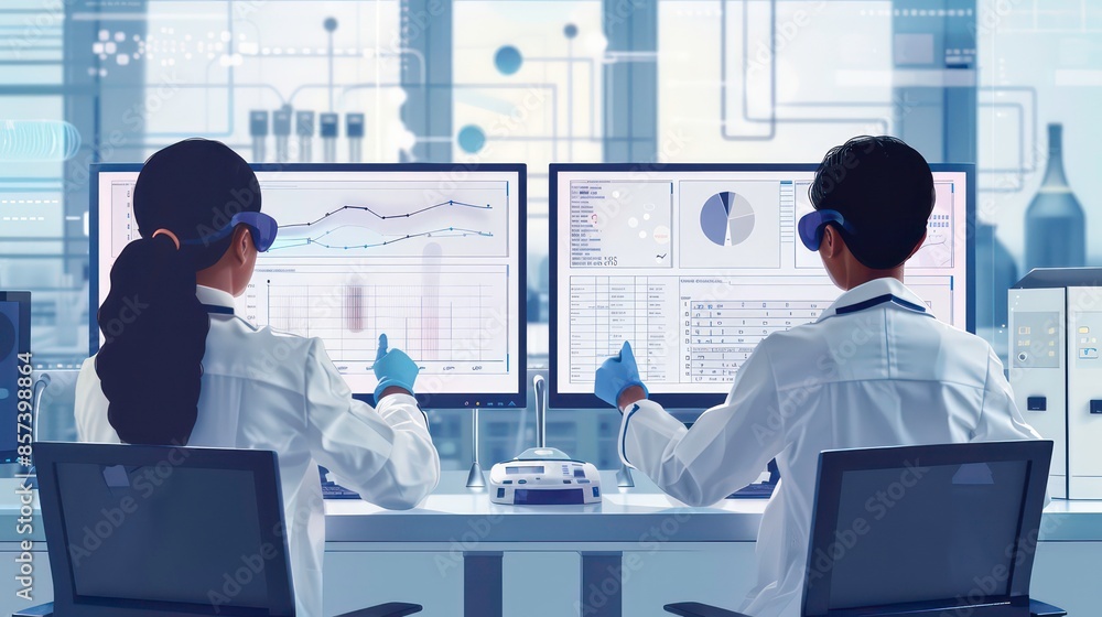 Poster female data scientists working on their computers in big modern laboratory, reviewing charts and dia