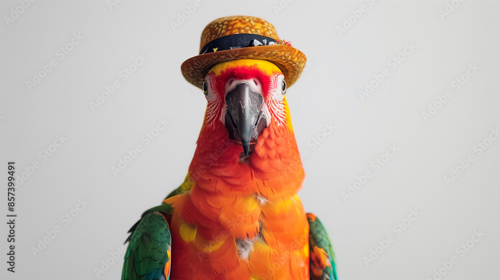 Wall mural colorful parrot wearing a tiny hat