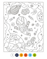Space Activity pages for kids. Color by numbers.  Vector outline illustration. Astronaut in space. Sky, galaxy, planets, stars, cosmos