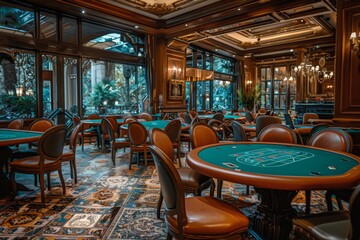 Luxurious Casino Interior with Poker Tables and Elegant Decor