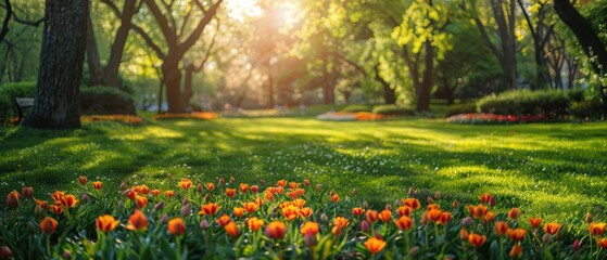 Obraz premium Vibrant city park with blooming flowers and shady trees