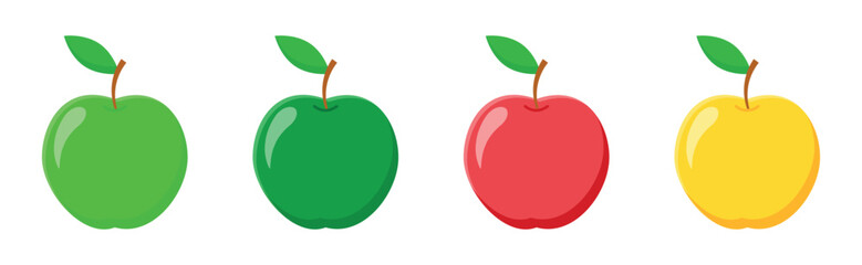 Apple set. Flat design vector illustration of green, red and yellow apples on white background