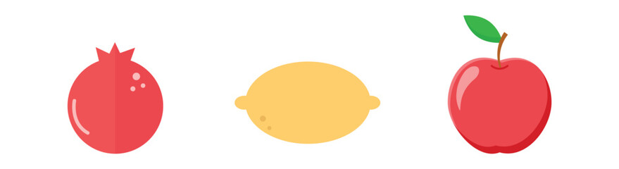 Set of flat illustrations of lemon, pomegranate, apple on white background