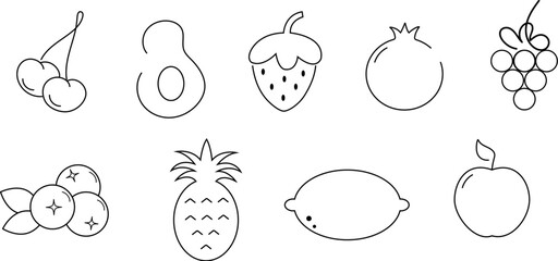 Line set of icons cherry, avocado, strawberry, pomegranate, grapes, blueberry, pineapple, lemon, apple