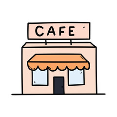 Hand drawn cartoon cafe or cafeteria on white background.