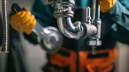 Fototapeta premium A close-up shot of a plumber using a wrench to tighten a pipe in a bathroom.