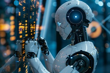 Fototapeta premium Futuristic AI Robot Interacting with Holographic Display