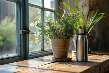 Sunlit Window with Potted Plants and Stainless Steel Bottle