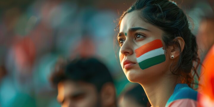 Concerned The idea of a tournament, championship, and competitiveness made the girl with the painted Indian flag on her face cry as she watched a sporting event at the stadium.