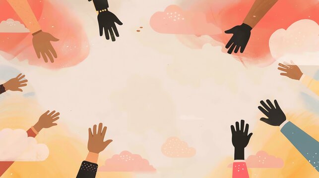 Illustration of diverse hands reaching out, symbolizing community, unity, and teamwork against a background of colorful clouds.