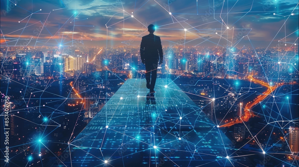 Aufkleber Man who is walking on a transparent blue platform above a city and connected dots symbolizing a network. Generative AI.