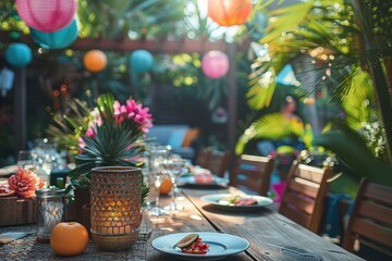 home backyard garden with party elements and a festive mood. ai generative