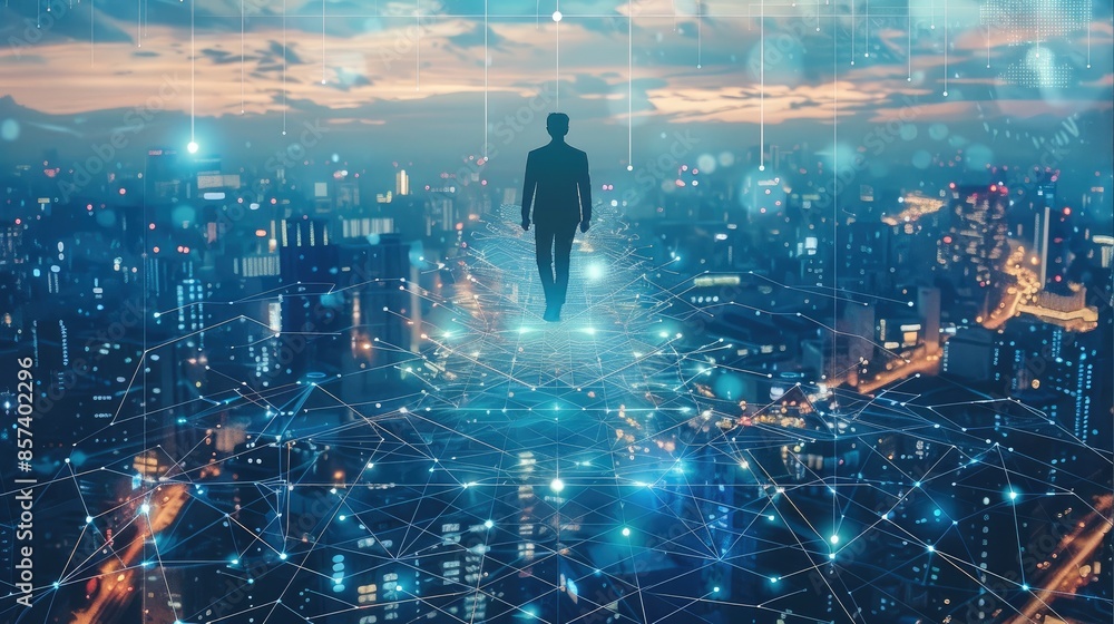 Aufkleber Man who is walking on a transparent blue platform above a city and connected dots symbolizing a network. Generative AI.