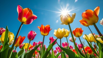 Fototapeta premium Blooming tulip field set against a clear blue sky in springtime
