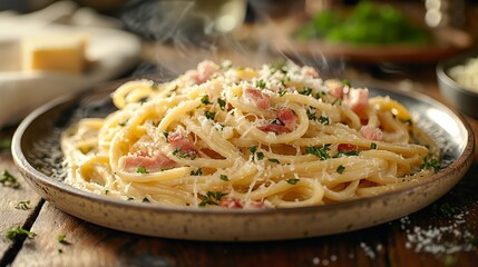 A tantalizing plate of spaghetti carbonara, rich with creamy sauce, crisp pancetta, and garnished with parsley and Parmesan.