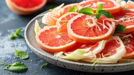  A salad of grapefruit, fennel, and fennel sprouts on a black table