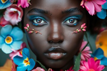 Woman with Floral Art and Vibrant Makeup