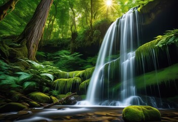 Fototapeta premium sunlit forest waterfall cascading through lush greenery, sunlight, serene, peaceful, landscape, scenery, rocks, stream, tranquil, flow, flowing, vibrant