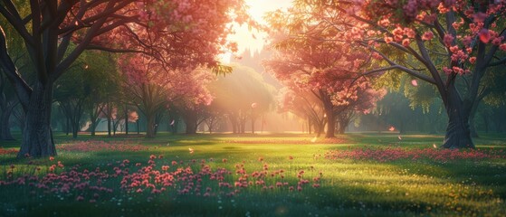 Fototapeta premium Vivid 8K background of a serene park in spring, with blooming flowers and green trees, ideal for seasonal and nature themes