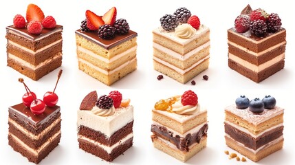 An assortment of luxurious layered cakes decorated with fresh berries and chocolate.