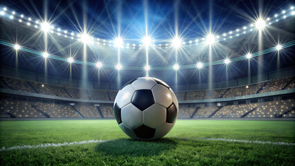 Fototapeta premium soccer ball lies on the grass against the background of a football stadium and stands, match, sport, competition, world cup, european cup, championship, spotlights, sky, markings, game, victory, team
