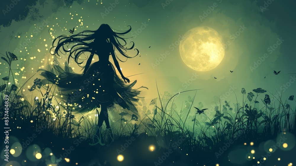 Canvas Prints  A woman in a lengthy dress traverses a field as a full moon looms in the backdrop