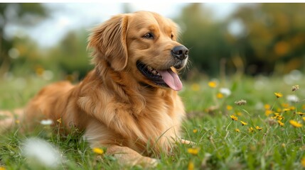 Obraz premium A golden retriever relaxes in a sunlit field, surrounded by dainty wildflowers, embodying the joy of a warm summer day.