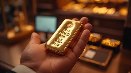 A hand holds a shiny gold bar, exemplifying wealth and investment, with a blurred background of more gold items.