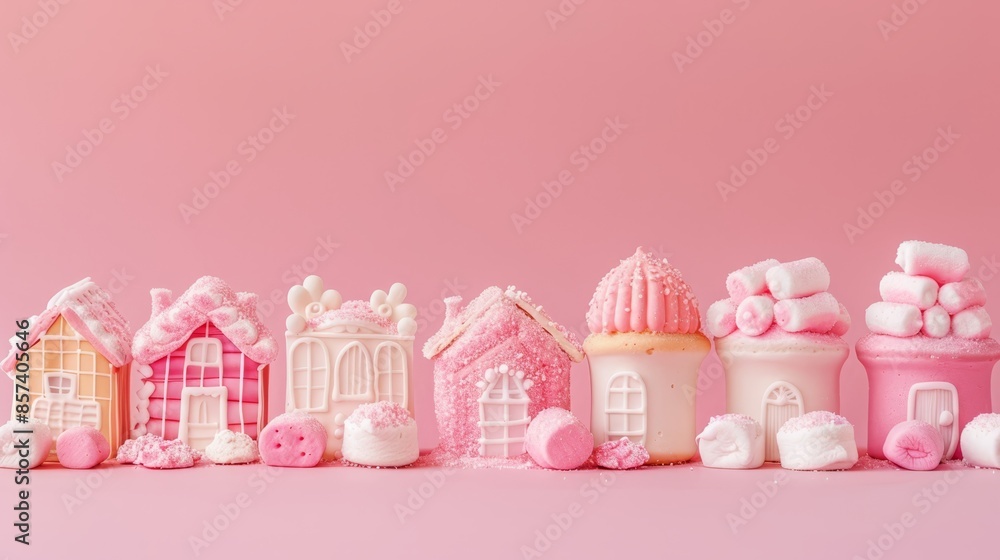 Wall mural  A pink backdrop holds a line of tiny pink and white houses; marshmallows dot the foreground