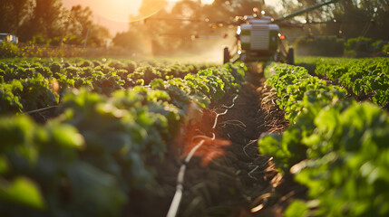Advanced agriculture with robot farmers tending to crops.