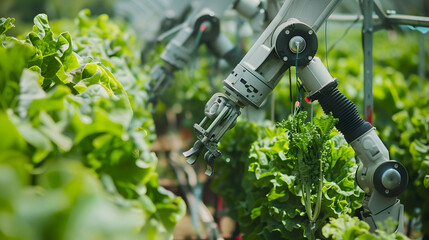 Advanced agriculture with robot farmers tending to crops.