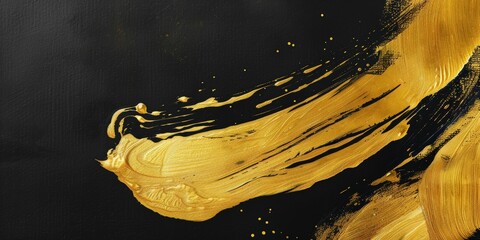 gold watercolor paint on black background with copy space 