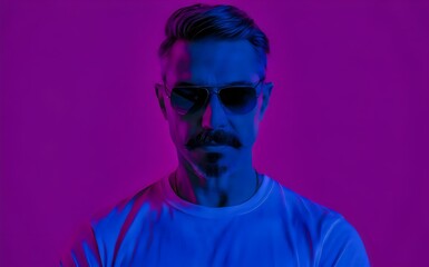 Fototapeta premium Portrait of handsome man lit by neon lights at night