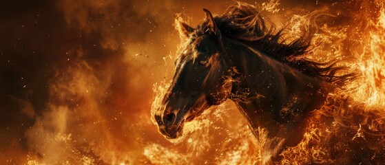 Wild horse neighing with intense flames in the backdrop, capturing powerful and dramatic presence