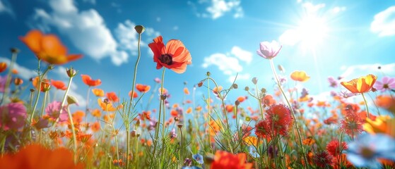 Obraz premium Wildflowers in a meadow under a bright blue sky,