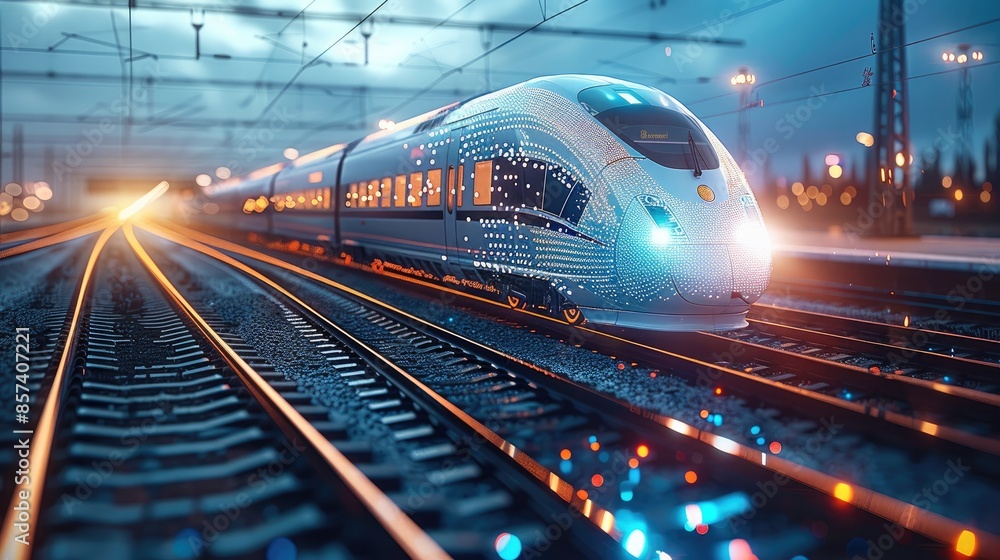 Fototapete a train during day with light grid world map blue overlay concept of connectivity. generative ai.
