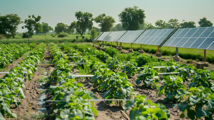An agricultural field with solar-powered irrigation systems.