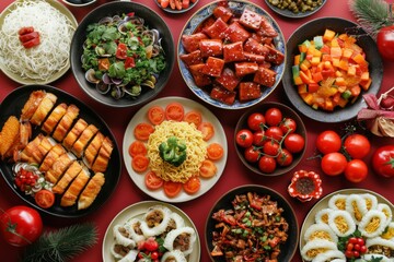 Variety of Asian Cuisine on Red Background