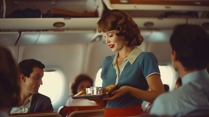 An airline stewardess serving passengers on a 1970s commercial flight.