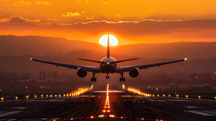 An airplane taking off at sunrise with the sun just above the horizon.