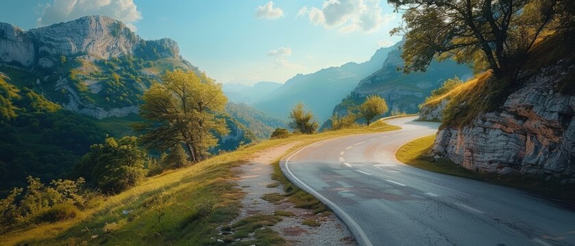 Winding mountain road with dramatic scenery,