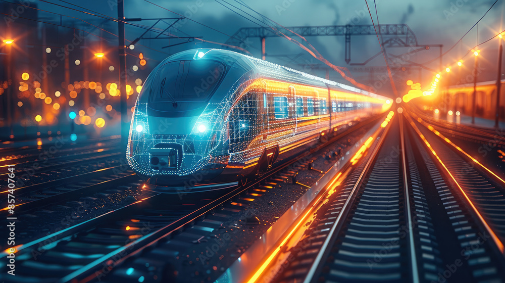Poster a train during day with light grid world map blue overlay concept of connectivity. generative ai.